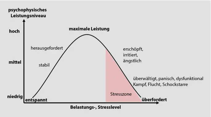 Grafik zeigt Zusammenhang zwischen Stressniveau und Leistungsfähigkeit – Grundlage psychologischer Deeskalation