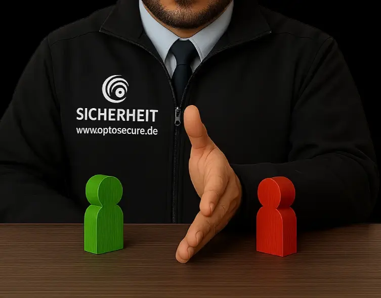 Sicherheitsmitarbeiter trennt symbolisch zwei Streitparteien – Deeskalation durch Kommunikation